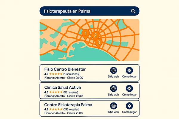 Ejemplo de Local Pack con mapa y tres negocios locales.