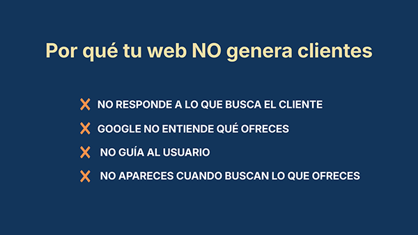 Checklist de por qué una web no vende: no responde a la intención del usuario, google no entiende qué ofreces, no guía al usuario y no apareces cuando te buscan.